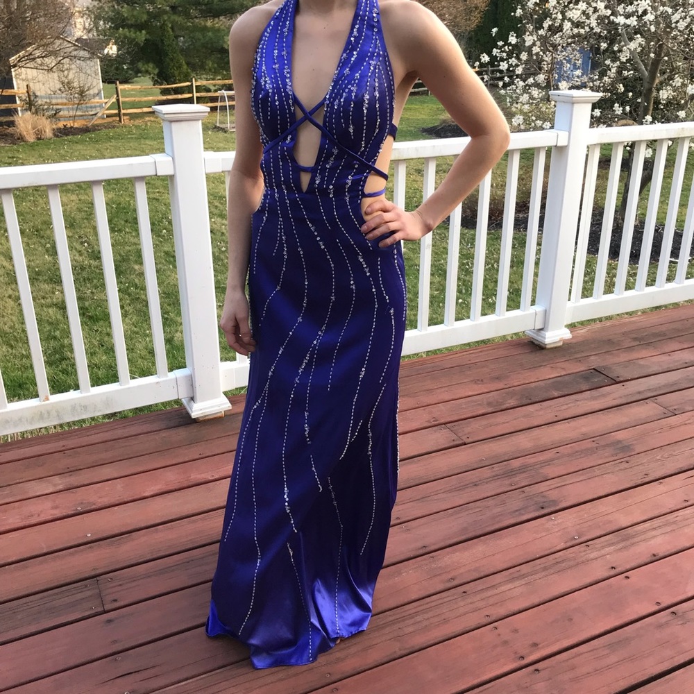 Purple deep V cut prom dress